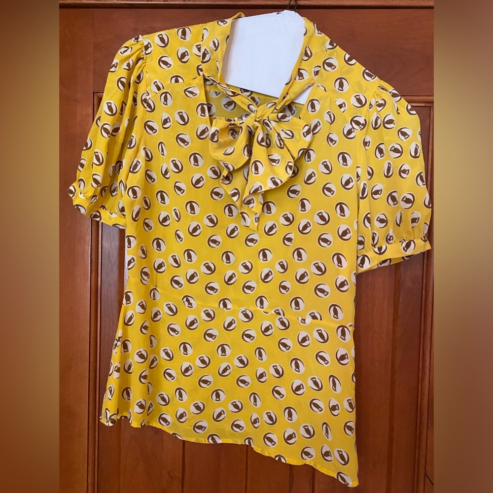 Girls from Savoy silk blouse yellow with brown owl print, size 6